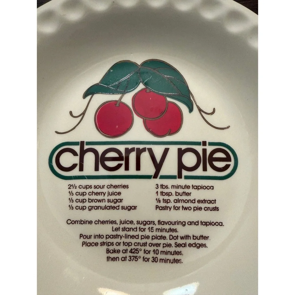 Vintage Cherry Pie Recipe Ceramic Pie Plate Scalloped Rim 10 Inch White Dish